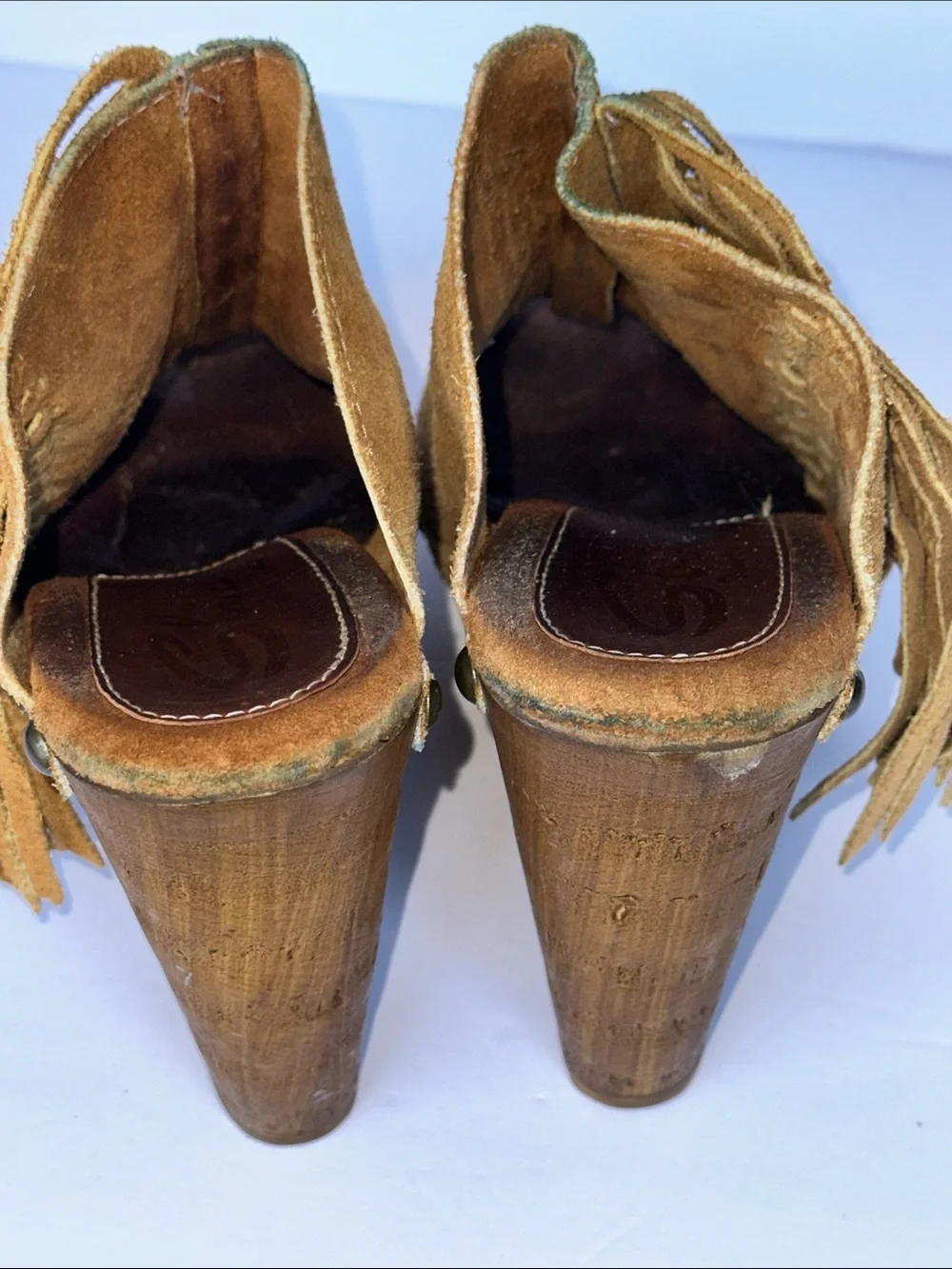 Sbicca Vintage Collection tan suede fringed wedge sandals w/ a wooden platform